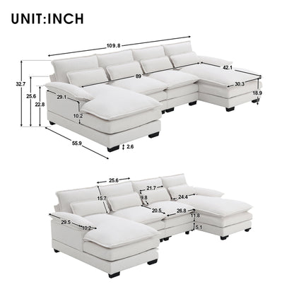 110.6" Sectional Sofa Cloud Couch,U Shaped Sleeper Sofa with Waist Pillows and Backrests, Upholstered 6 Seat Cloud Couch with Chaise Lounge and Cushions for Living Room,Apartment,Office,White