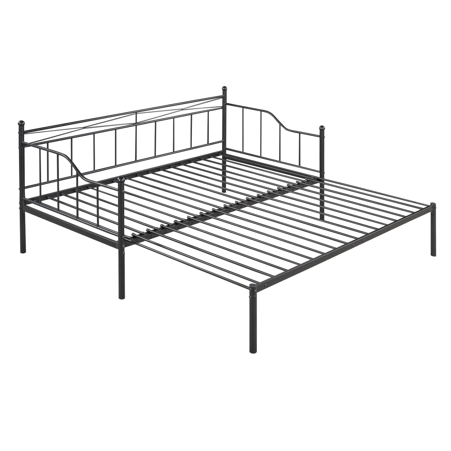 Twin Daybed with Pop-up Trundle, Extendable Metal Daybed Frame with Headboard and Safety Guardrails,Upholstered Sofa Bed Frame for Kids Teens Adults, Living Room,Easy Assembly, Black
