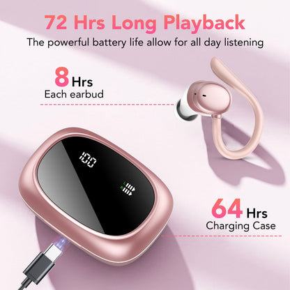 Wireless Earbuds 64hrs Bluetooth Headphone Sport, Bluetooth Earbuds Stereo Deep Bass Over Ear Bud with Earhooks, LED Display, ENC Noise Cancelling Mic, Earphones for Workout/Running, Pink