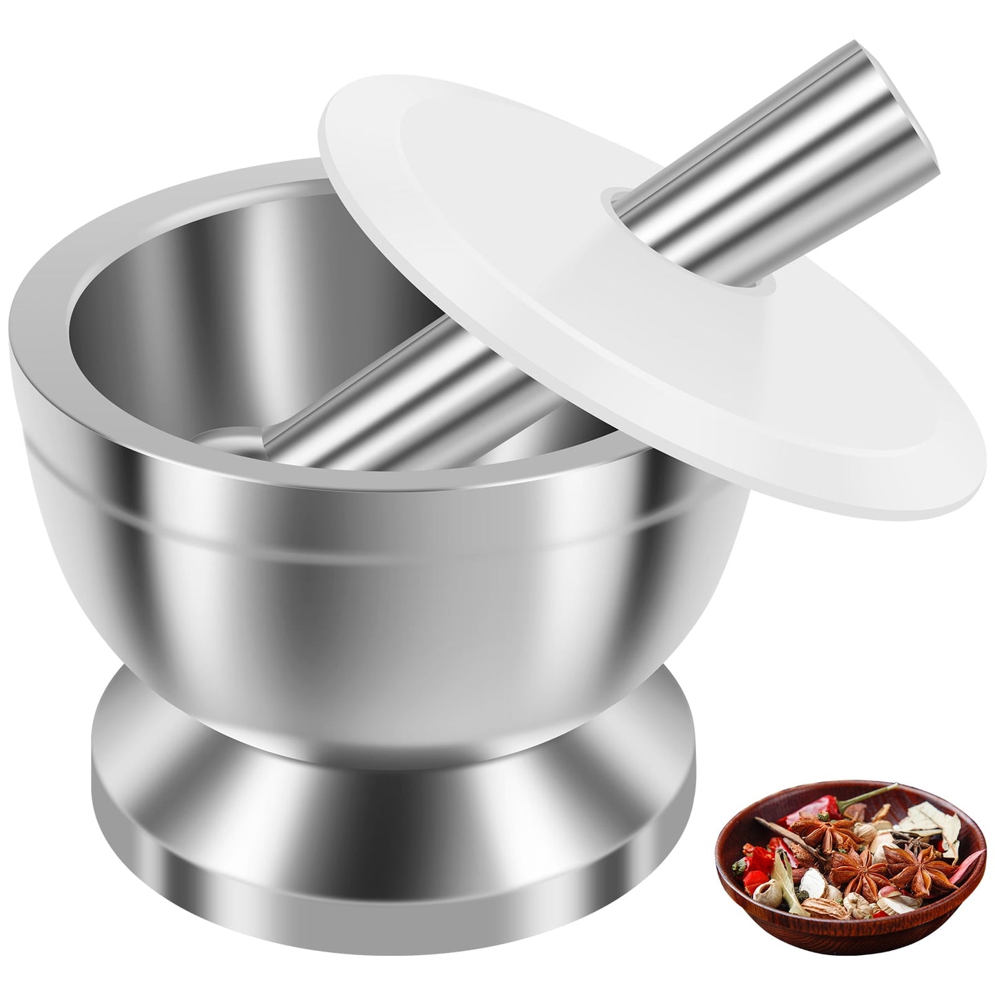 Ihvewuo Stainless Steel Mortar and Pestle Set Efficient Spice Crusher with Silicone Lid and Anti Slip Base Rustproof Pill Crusher Multifunctional Kitchen Manual Masher for Grinding Herbs Seasonings