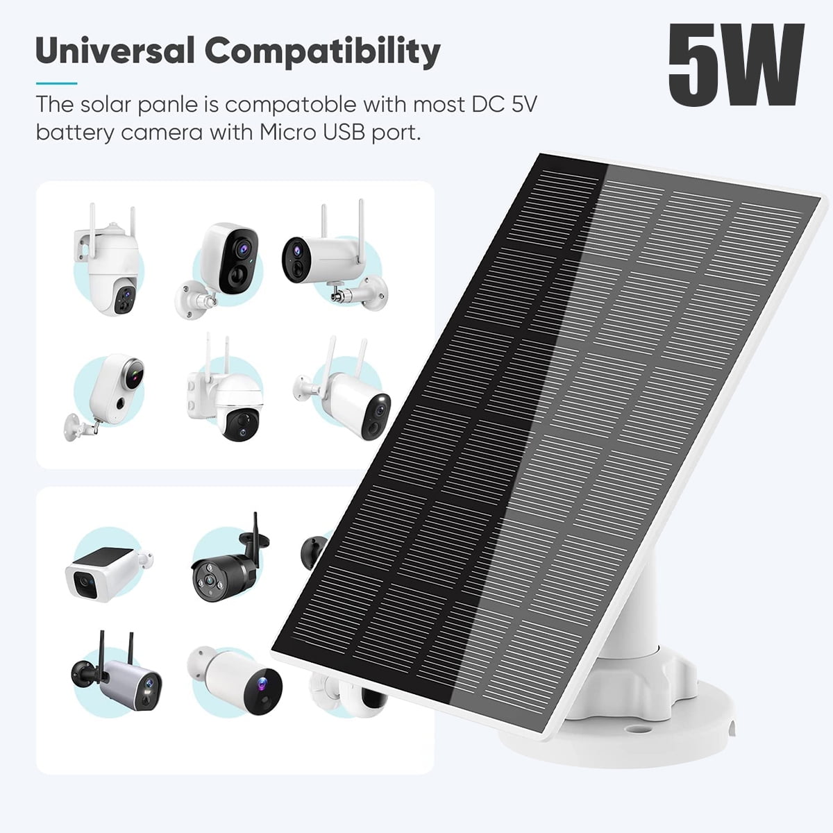 OKYMOTOR 2pcs Solar Panel for Security Camera 5W USB Solar Panel Micro USB & USB-C Port Solar Panel IP65 Waterproof Solar Charger for Camera with 360°Adjustable Mounting