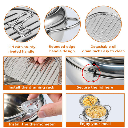 Jetcloudlive Deep Fryer Pot,Japanese Tempura Small Deep Fryer Stainless Steel Frying Pot With Thermometer,Lid And Oil Drip Drainer Rack for French Fries Shrimp Chicken Wings and Shrimp