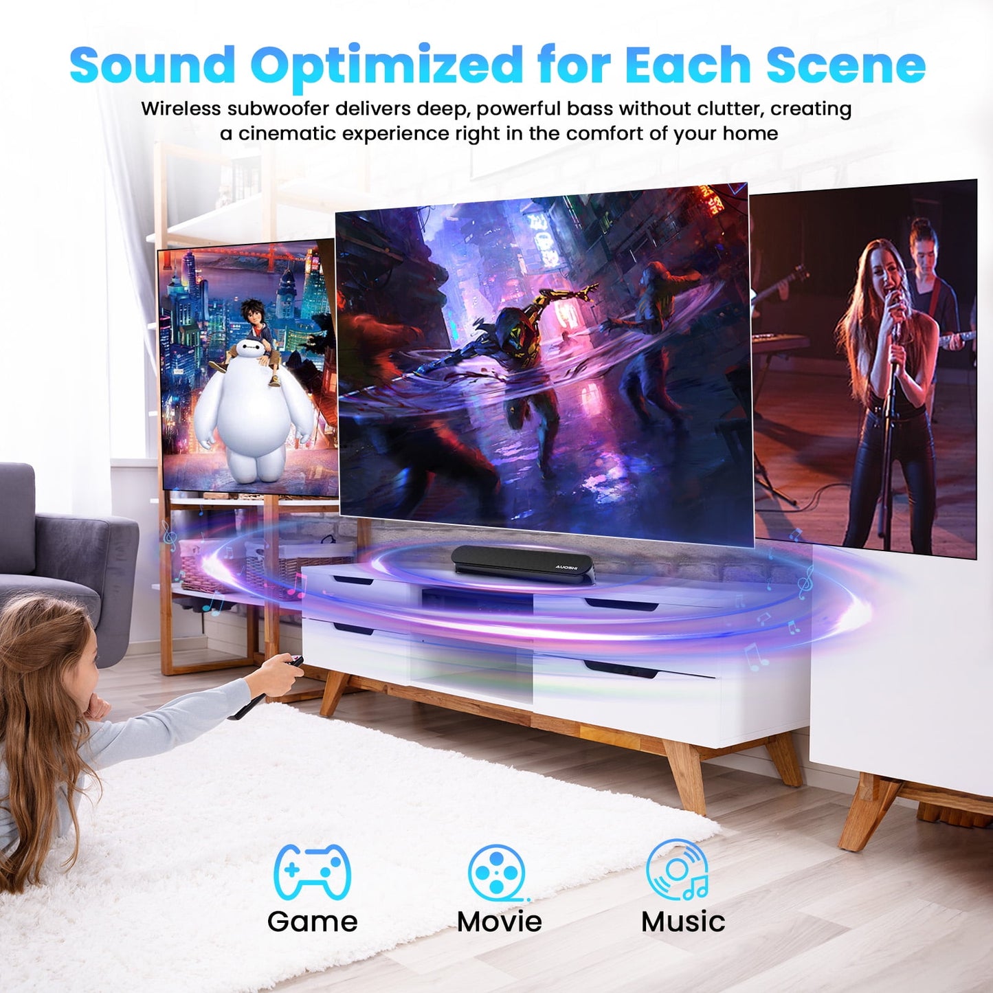 AUOSHI 2.1ch Sound Bar for TV, 60W Small Soundbar with Subwoofer, Surround Sound System Bluetooth Speaker with Bluetooth/HDMI/OPT/AUX/USB Connection for TV /PC/Projectors, Remote Control,16.5inch