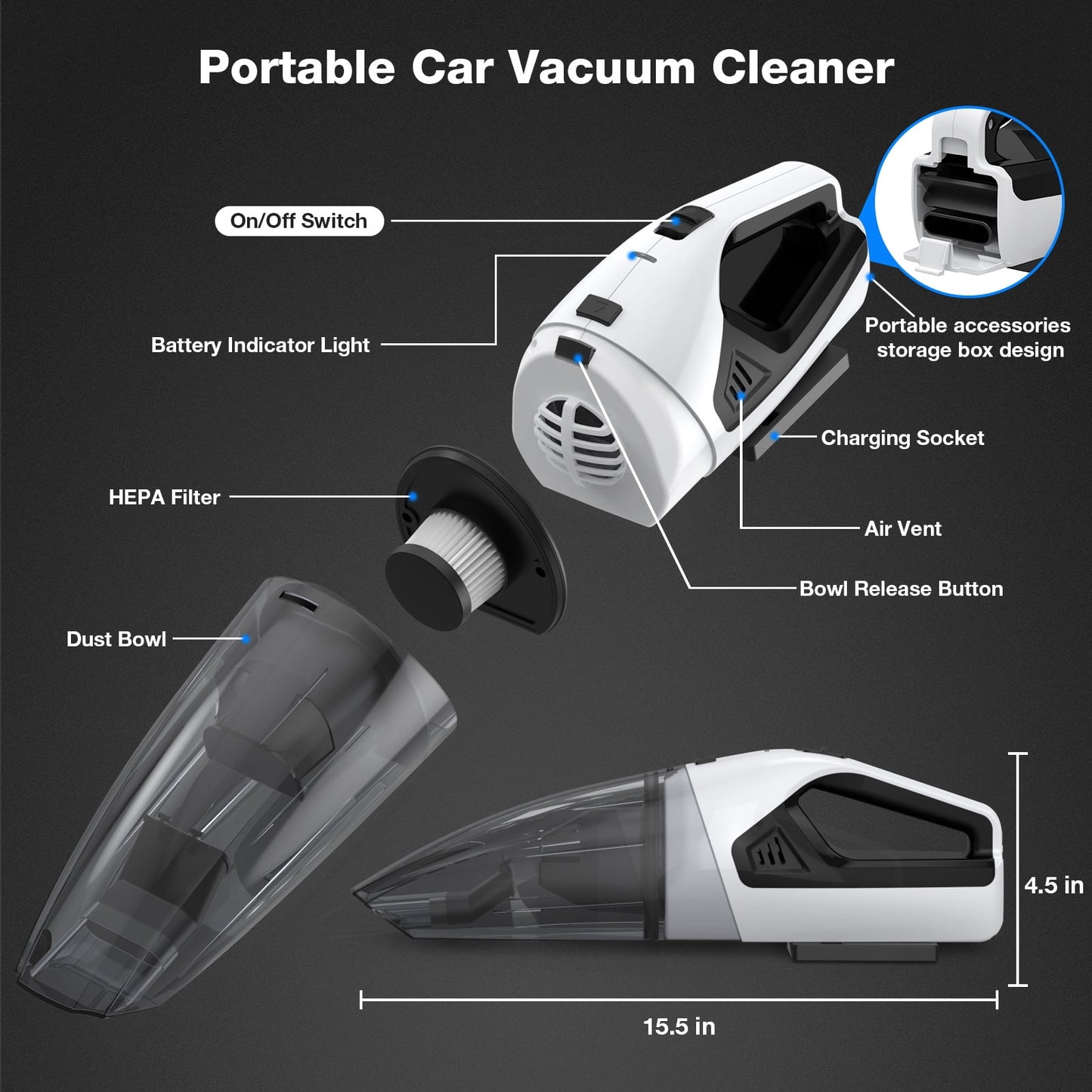 Nexpow Cordless Handheld Vacuum, 10KPA Wet and Dry Vacuum Cleaner for Car, 11.1V-5C Power