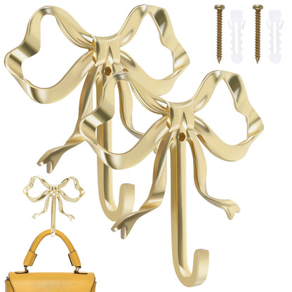 FUYGRCJ 2 Pcs Bow Hook Bowknot Wall Hook Brass Bow Wall Hook Wall Mounted Golden Key Hook Decorative Hanging Metal Hook 9.2x9x2cm Large Single Hook for Hat Towel Home Bedroom