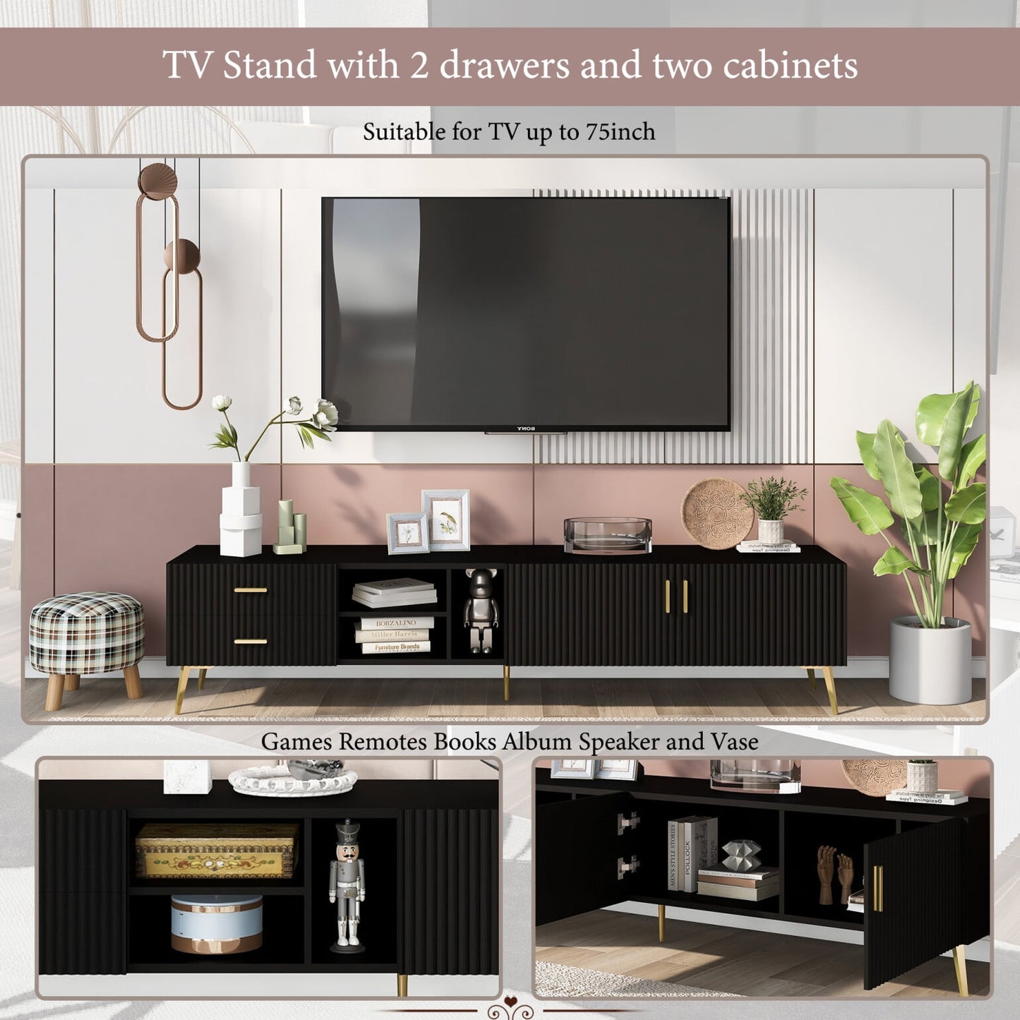 Tv Stand up to 77 inch, TV Stands for Living Room Entertainment Center with 2 Drawers and Open Shelves, Modern TV Stand with Storage in MDF, TV Console Table Media Cabinet for Bedroom, Office, Black