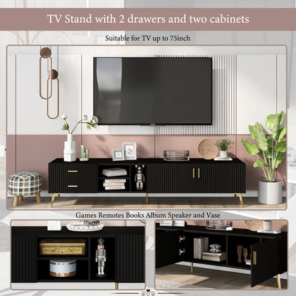 Tv Stand up to 77 inch, TV Stands for Living Room Entertainment Center with 2 Drawers and Open Shelves, Modern TV Stand with Storage in MDF, TV Console Table Media Cabinet for Bedroom, Office, Black