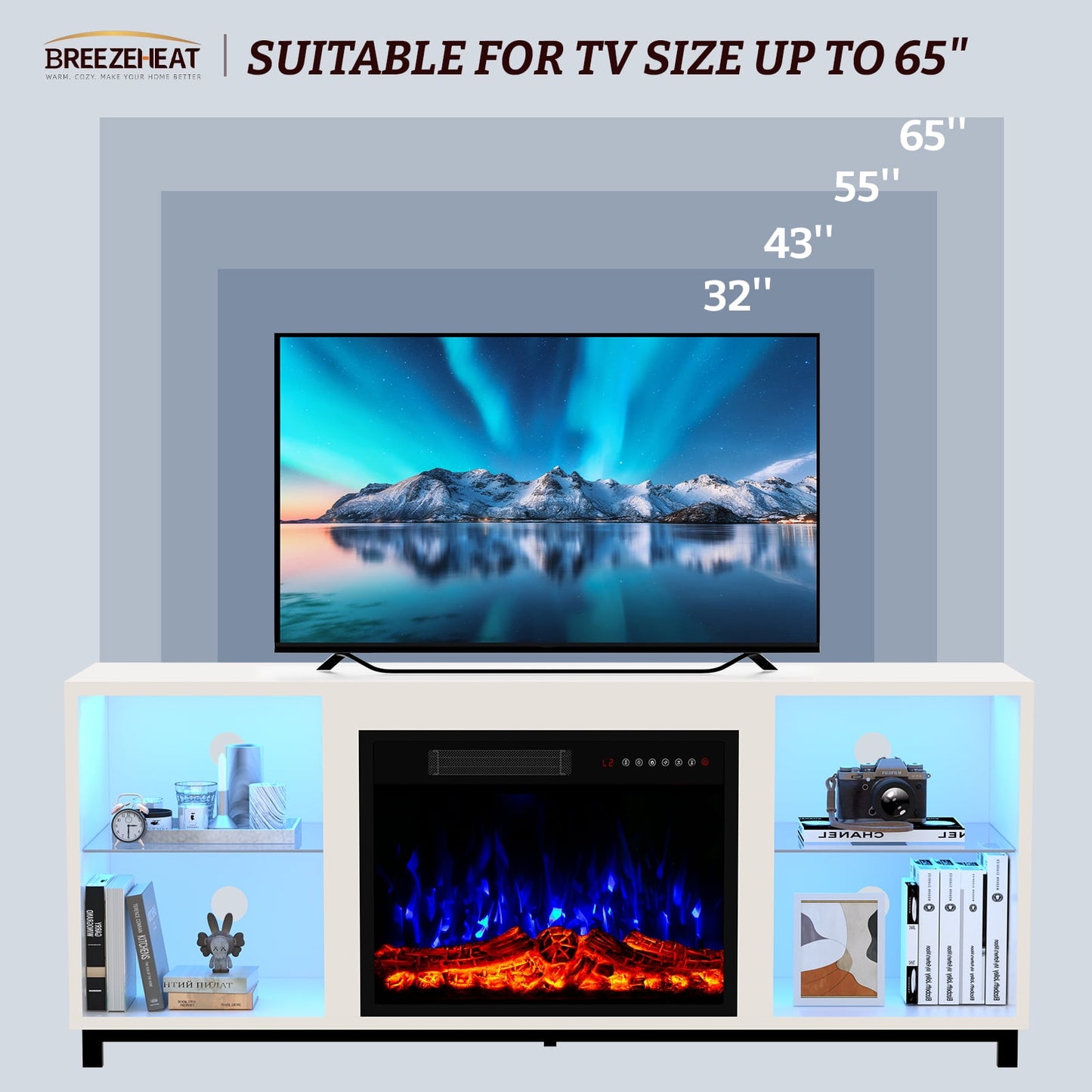 BREEZEHEAT Electric Fireplace TV Stand-Led Entertainment Center-58 inch TV Stand with 23" Electric Fireplace-Living Room Tv Cabinet with Storage for TVs up to 65"，Modern Media Console (White)