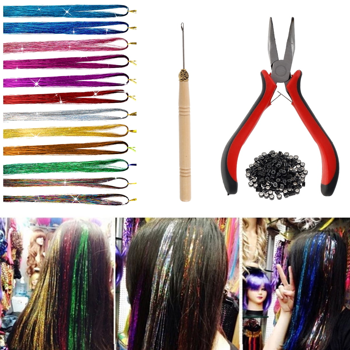 Hair Tinsel,37inch 12 Colors Tinsel Hair Extensions Shiny Hair Tinsel Kit with Plier Pulling Needle,Silicone Buckles Glitter Hair Extensions for Cosplay Party?200Pcs?