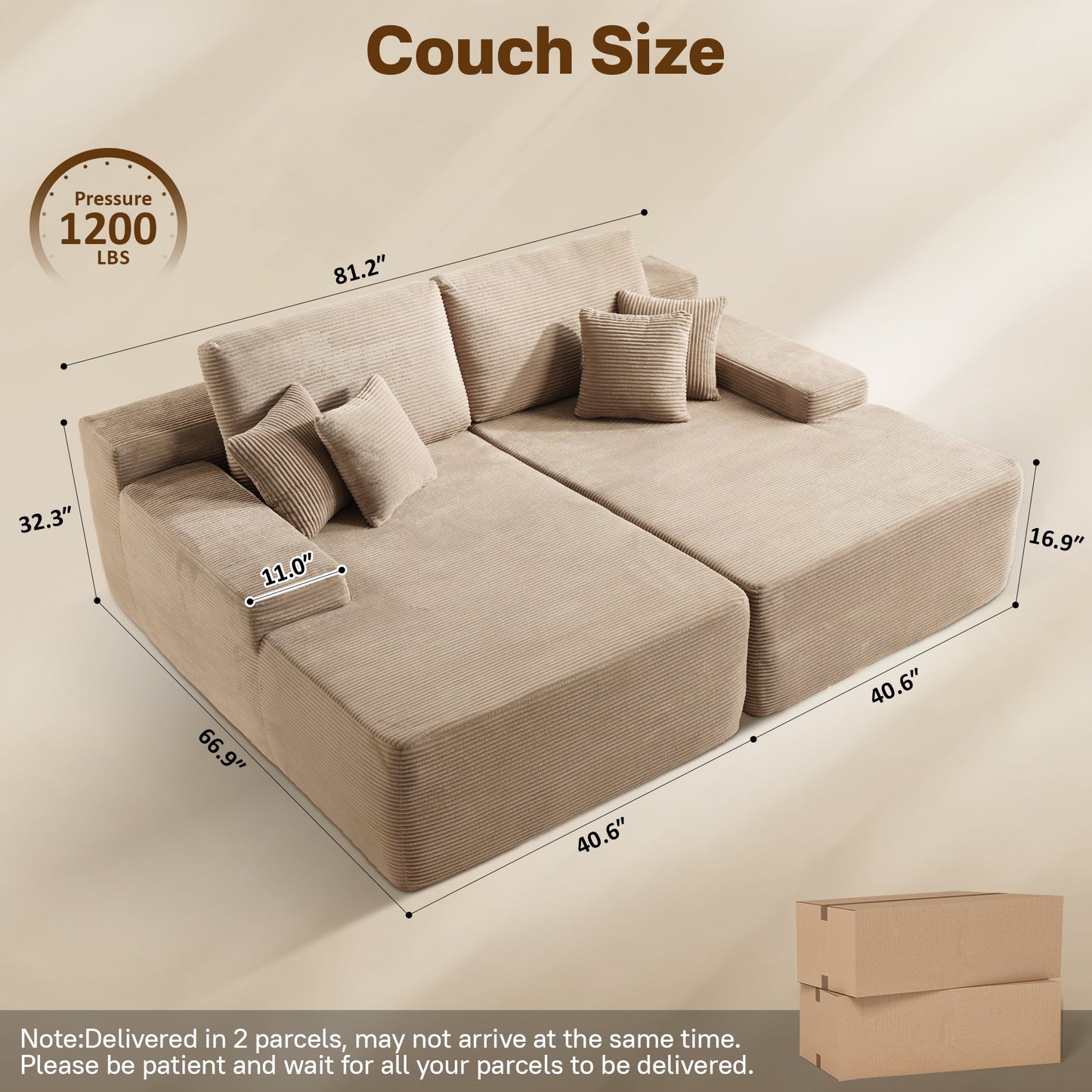Vcatnet 81" Modular Sectional Sofa Couch Corduroy Chaise Lounge Loveseat Sofa Bed Oversized Upholstered Sleeper Sofa for Living Room and Bedroom, Camel