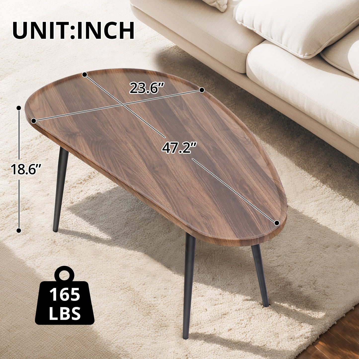 Small Mango Coffee Table, Oval Side End Table with Mango-Shaped DeskTop, Modern Minimalist Center Table Sofa Table, Low Floor Table for Small Spaces, Walnut