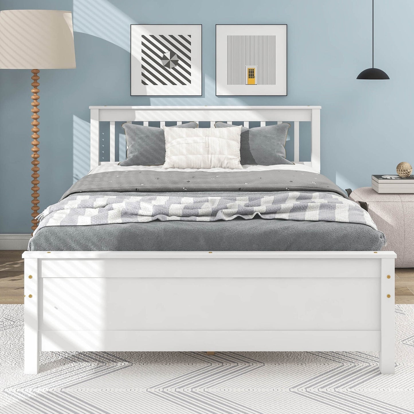 Full Size Platform Bed with a Nightstand, Modern Solid Wood Bed Frame with Headboard and Footboard, 2-Piece Bedroom Set for Child Teens Adults, No Spring Box Needed, White