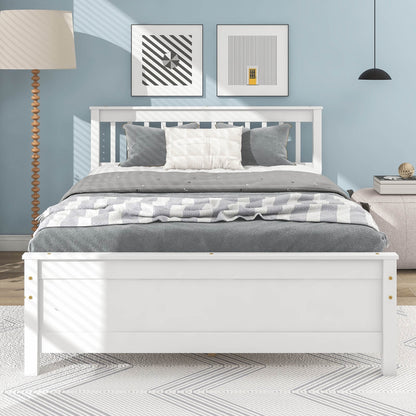 Full Size Platform Bed with a Nightstand, Modern Solid Wood Bed Frame with Headboard and Footboard, 2-Piece Bedroom Set for Child Teens Adults, No Spring Box Needed, White