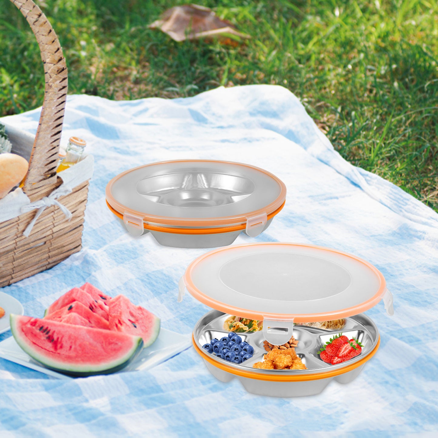 FUYGRCJ 2Pcs Divided Serving Tray with Lid Stainless Steel Veggie Tray 6 Compartment Snack Tray Container 1800ml Divided Platter Tray Snack Box Container Fruit Trays Snack Platter