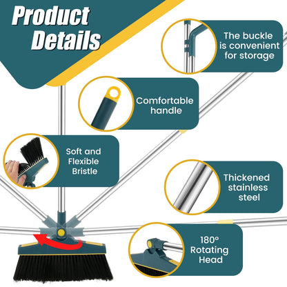 4Pcs Broom and Dustpan Set with Floor Squeegee Rectangular Brush Retractable Upright Broom Dustpan Squeegee Rectangular Brush Combo Set with Long Stainless Steel Handle for Living Room Kitchen Office