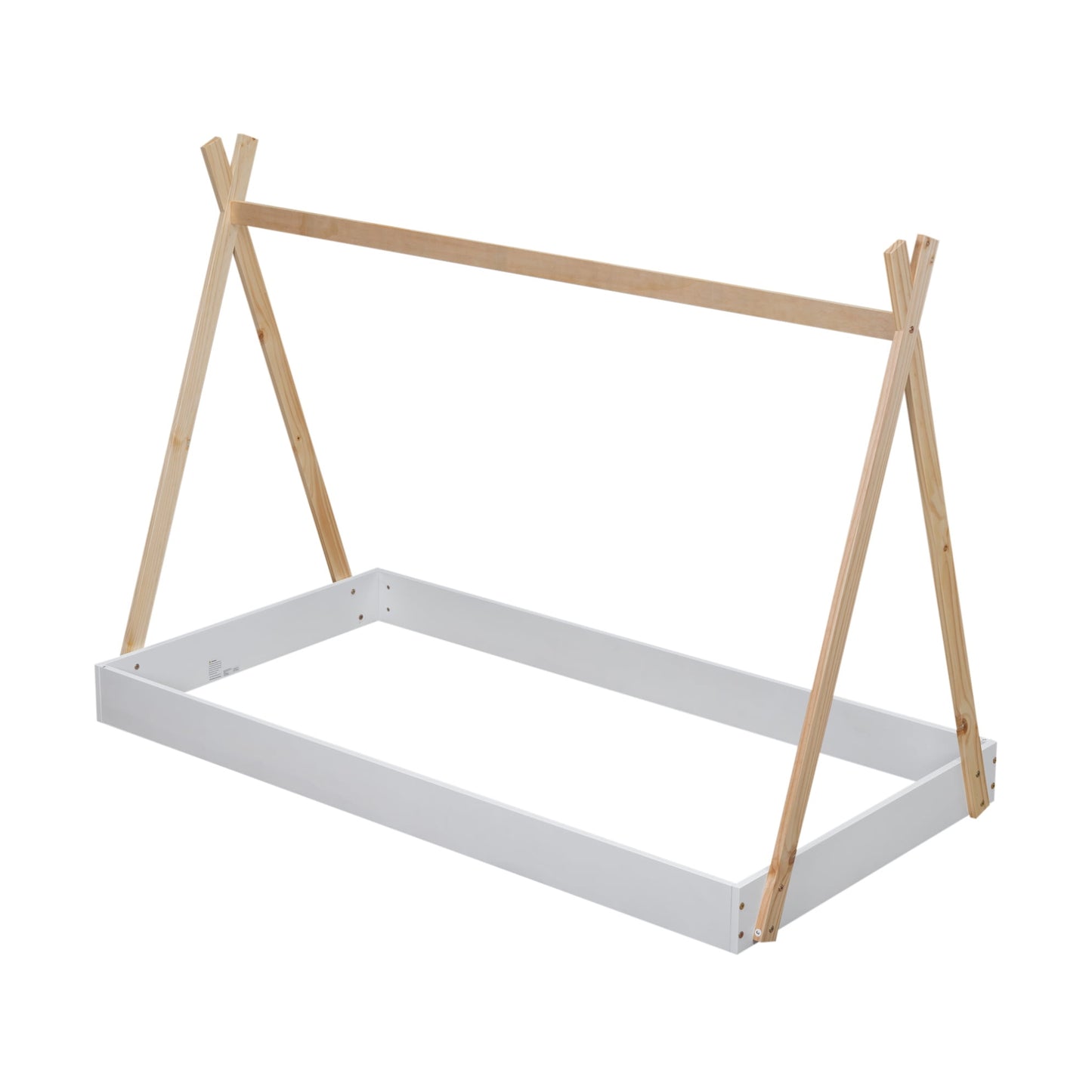 Twin Size Tent Floor Bed Frame with Triangle Structure, Teepee Platform Bed for Kids, Montessori Floor Bed for Toddlers Girls Boys, No Box Spring Needed(Twin,White+Natural)