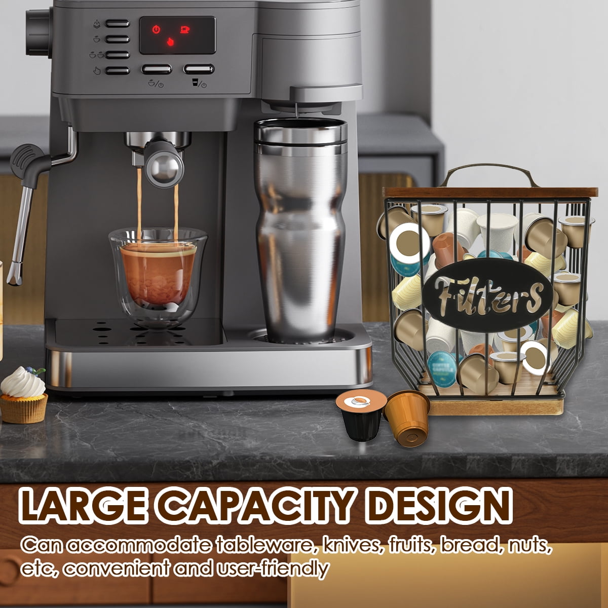 Txkrhwa K Cup Holder, Coffee Pod Holder Filters, Large Capacity Coffee Pod Filter Holder With Lid, Pod Organizer Filter Baskets with Durable Metal Wire & Wood Base