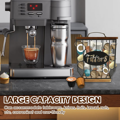 Txkrhwa K Cup Holder, Coffee Pod Holder Filters, Large Capacity Coffee Pod Filter Holder With Lid, Pod Organizer Filter Baskets with Durable Metal Wire & Wood Base