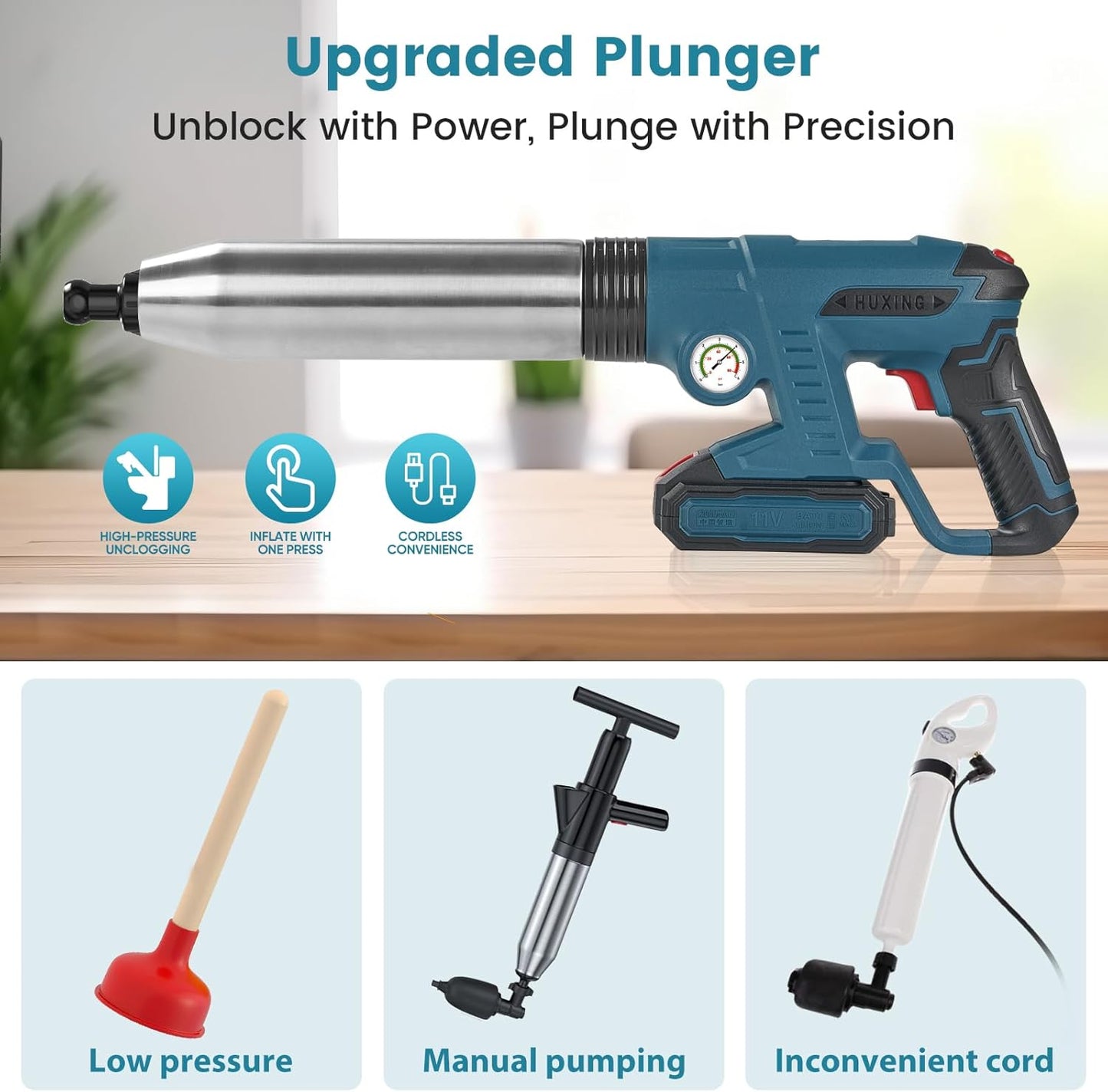 JMDLWZ Electric Toilet Plunger Clog Remover: 1 Batteries Air Plunger, Heavy Duty Plungers for Plumber, Homeowner, High Pressure Power Unclogger for Clogged Toilet, Drain, Sink, Bathroom, BLUE
