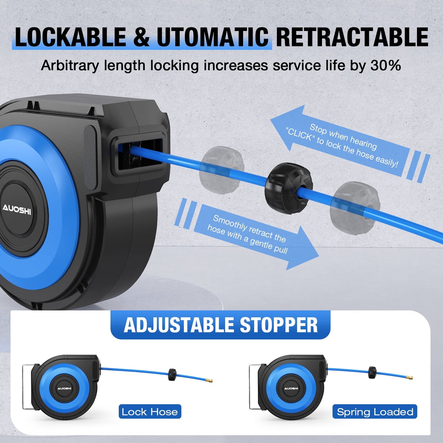 AUOSHI Retractable Air Hose Reel Air Compressor Hose Reel Automatic Rewind with 3/8 IN x 50 FT Hybrid Air Hose 5 ft Lead in Max 300PSI Wall Mount Enclosed Air Reel, 180° Swivel Mount