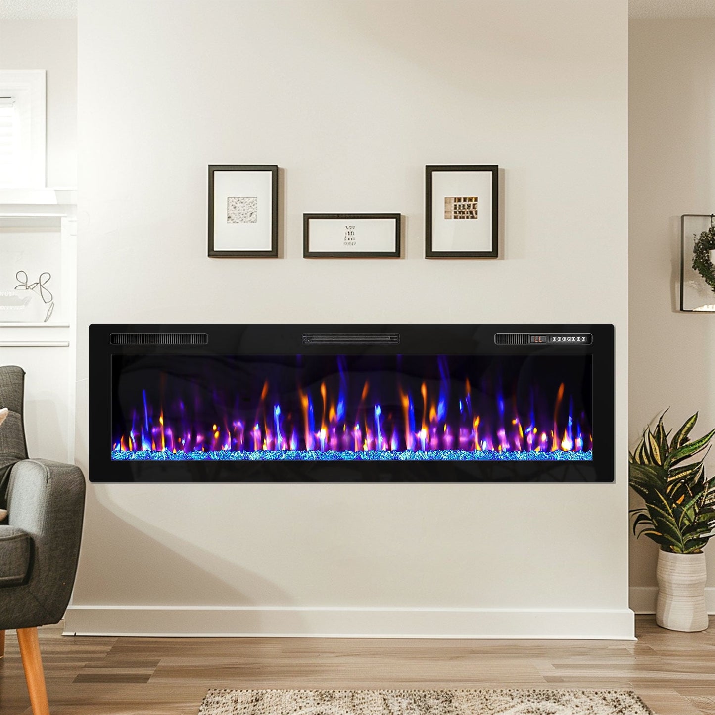 BREEZEHEAT 60 inch Electric Fireplace in-Wall Recessed and Wall Mounted Fireplace Heater,Linear Fireplace with Multicolor Flame,Timer,Low Noise,750/1500W,Remote Control