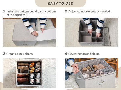 ACMETOP Shoe Organizer for Closet, Fabric Shoe Storage Bins with Clear Cover, Adjustable Dividers for Shoe Storage, Shoes Cube Organizer Fits up to 14-16 Pairs(Beige, 1-Pack)