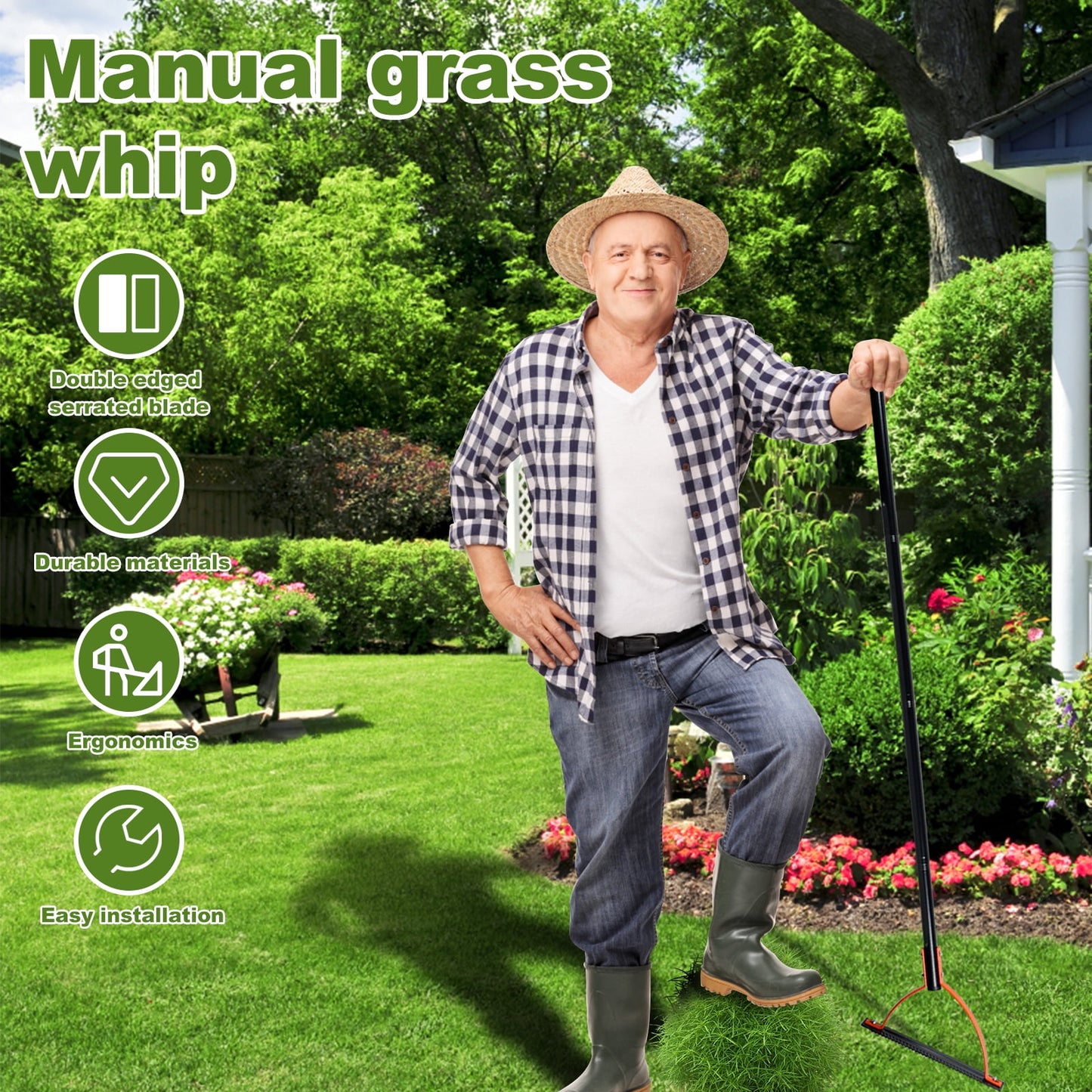Qenwkxz Grass Whip with Double-Edged Serrated Sharp Steel Blade Manual Weed Grass Cutter with 30 Inch Handle Handheld Weed Whacker Grass Whip Cutting Hand Tool for Overgrown Weeds in Yard Field