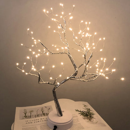 HOTBEST 36/108LED USB Pearl Decorative LED Shimmer Tree Desk Lamp Touch Switch Night Light Tabletop Bonsai DIY Artificial Bedroom Light Christmas Party Indoor