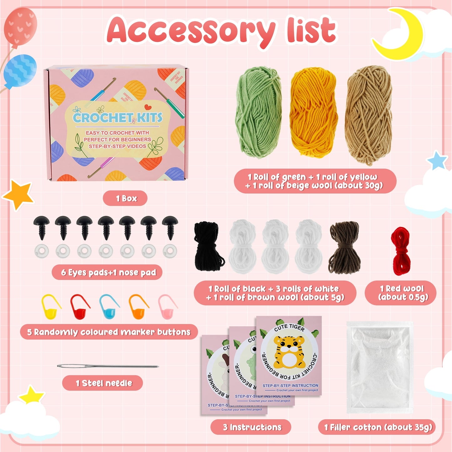 Qenwkxz 3PCS Crochet Kit for Beginners Complete Crochet Knitting Kit Adorable Animal Crochet Starter Pack DIY Crochet Craft Kit with Step-by-Step Video for Adults Kids