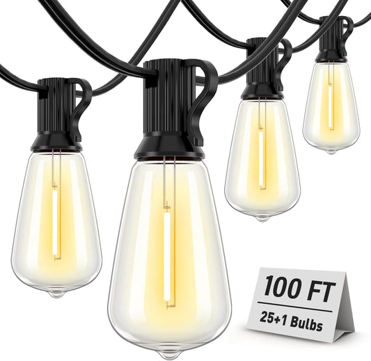 100FT LED Outdoor String Lights, 2700K LED Patio Lights with 25+1 Shatterproof Vintage Bulbs, Hanging String Lights Waterproof Outside for Porch, Backyard, Garden, Gazebo Decor