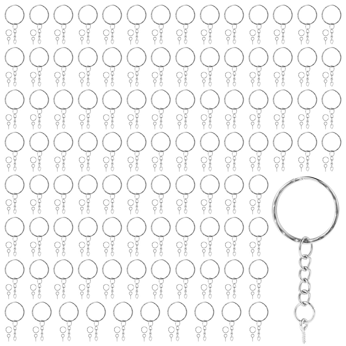 100Pcs Keychain Rings Split Key Ring with Chain for Resin 25mm Silver Key Chain Rings with 100Pcs Jump Rings & 100Pcs Screw Eye Pins Metal Split Keychain Ring for Organizing Keys Jewelry Making Crafts