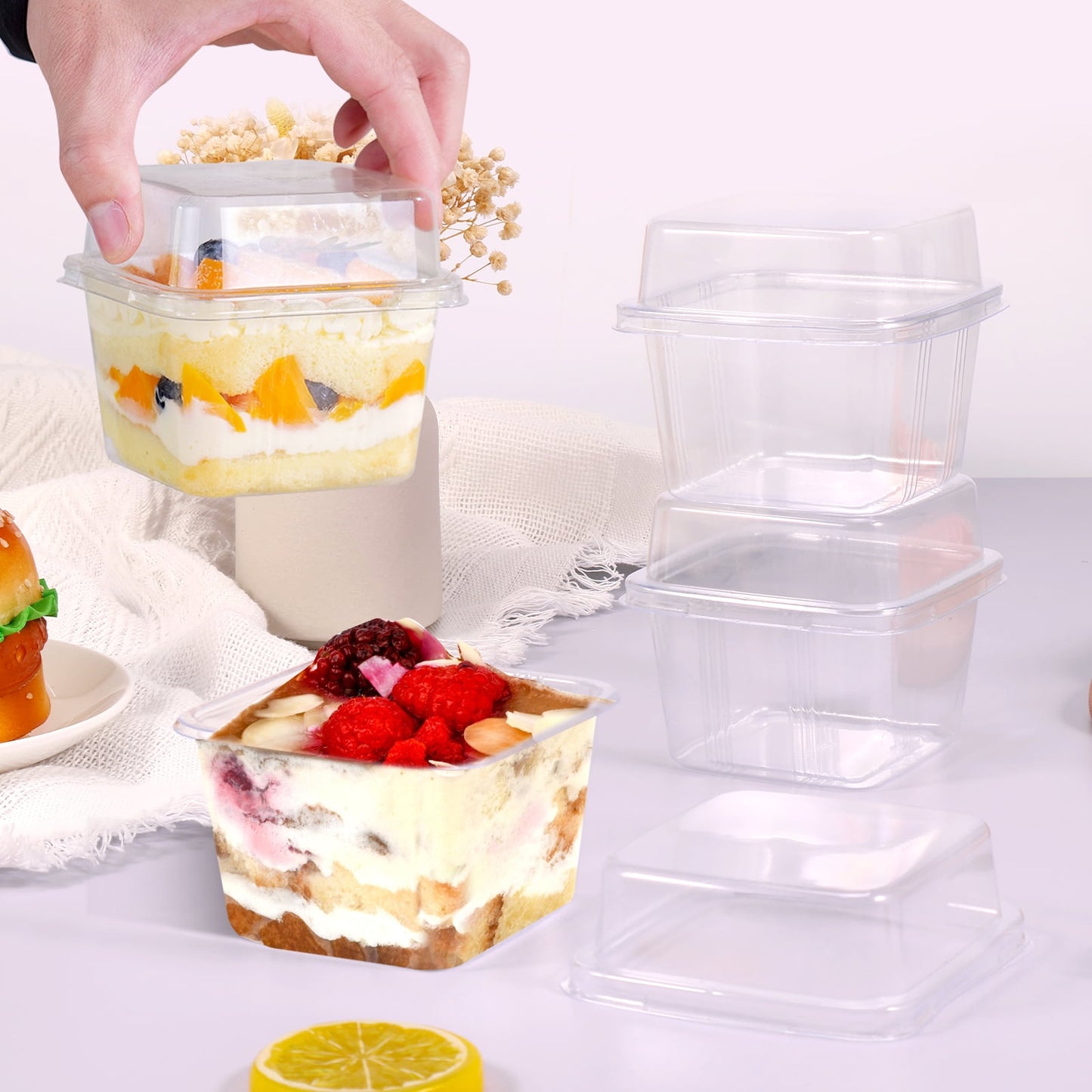 Austok 50Pcs Plastic Dessert Cups with Lids 8oz Reusable Cupcake Container Clear Square Single Dessert Box Sealed Cake Storage Box for Dessert Muffins Cupcake Pudding Mousse Party
