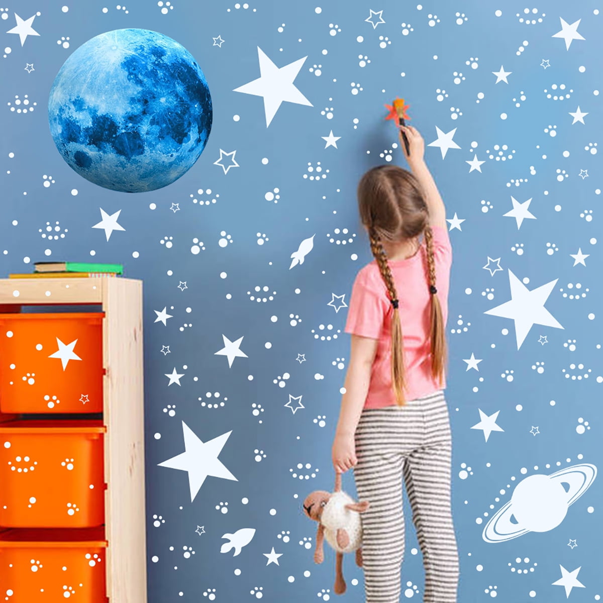 EUWBSSR 947pcs Glow In The Dark Stars,Glowing In The Dark Moon Planet Spaceship Wall Decals, Adhesive Glowing Stars Wall Stickers for Kids Nursery Kindergarten Bedroom