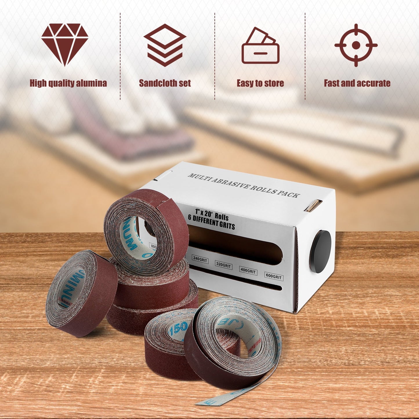 OKYMOTOR Emery Cloth Roll 20ft Aluminum Oxide Abrasive Sandpaper Roll Assortment Kit Reusable Woodworking Boxed Abrasive Paper Metal Wood Polishing Sanding Paper 80/150/240/320/400/600 Grit