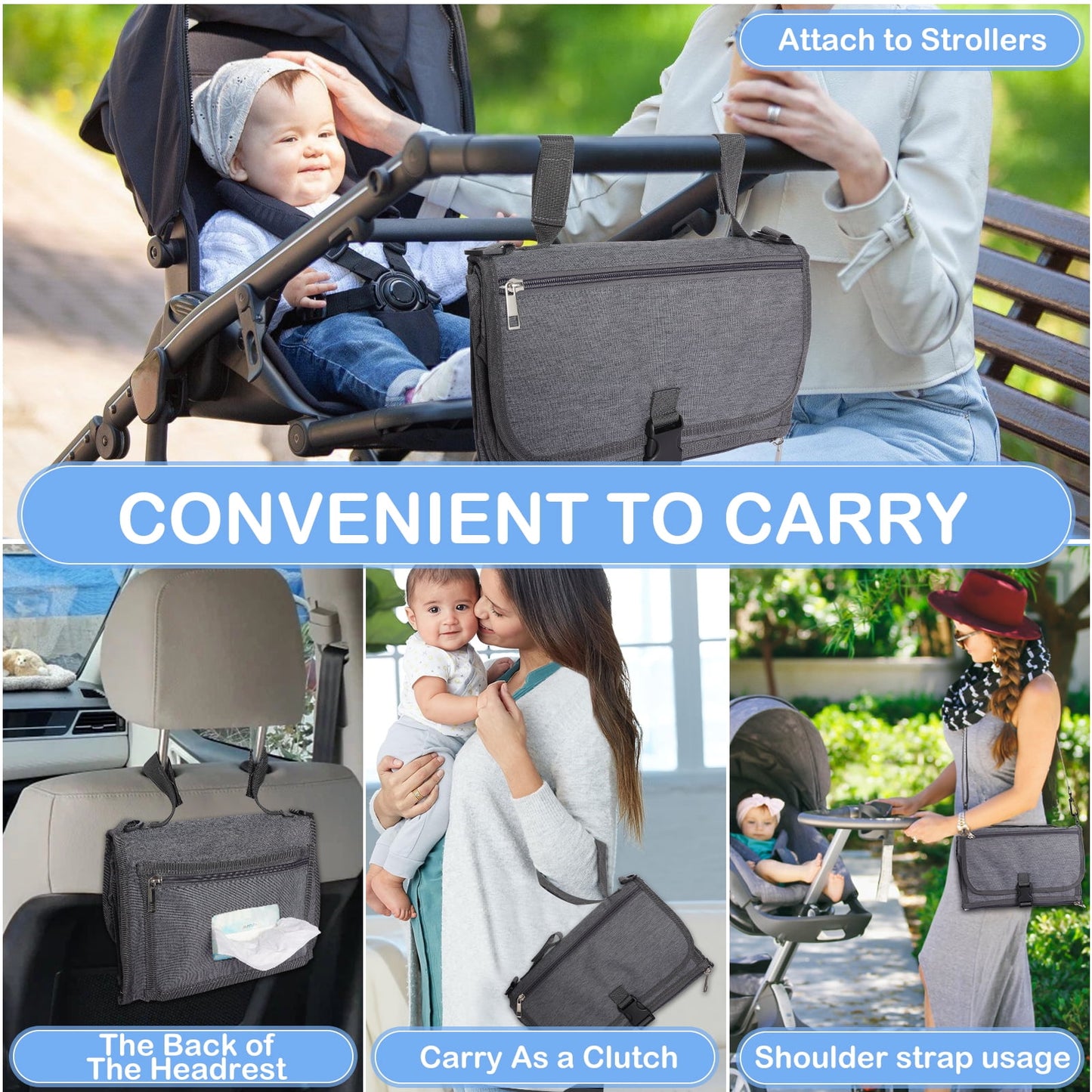 FVLOENG Baby Portable Changing Pad - Waterproof Travel Diaper Changing Pad for Newborn , Wipes Pocket Mat Foldable & Detachable Diaper Bag Tote, Changing Pad Cover Station Shower Gifts (Dark gray)