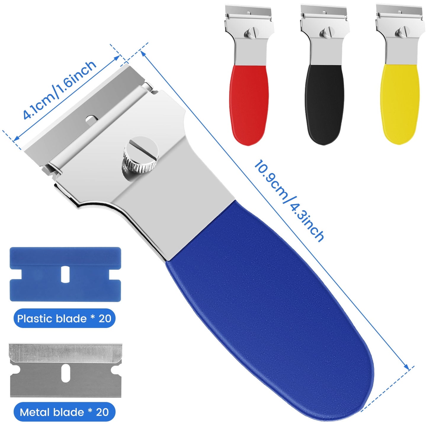 OKYMOTOR 4Pcs Razor Blade Scraper Set 4inch Multi-Purpose Scraper Cleaning Tool with 20 Metal and 20 Plastic Blades Mini Portable Cleaning Remover Tool for Glass Stovetop Sticker Tile