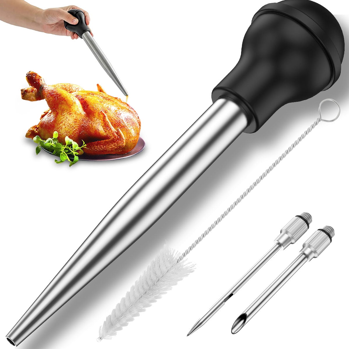 Wekvgz Turkey Baster Set of 4 Stainless Steel Turkey Baster Syringe Meat Marinade Injector Needle with 2 Needles Silicone Bulb and