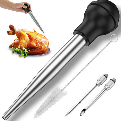 Wekvgz Turkey Baster Set of 4 Stainless Steel Turkey Baster Syringe Meat Marinade Injector Needle with 2 Needles Silicone Bulb and
