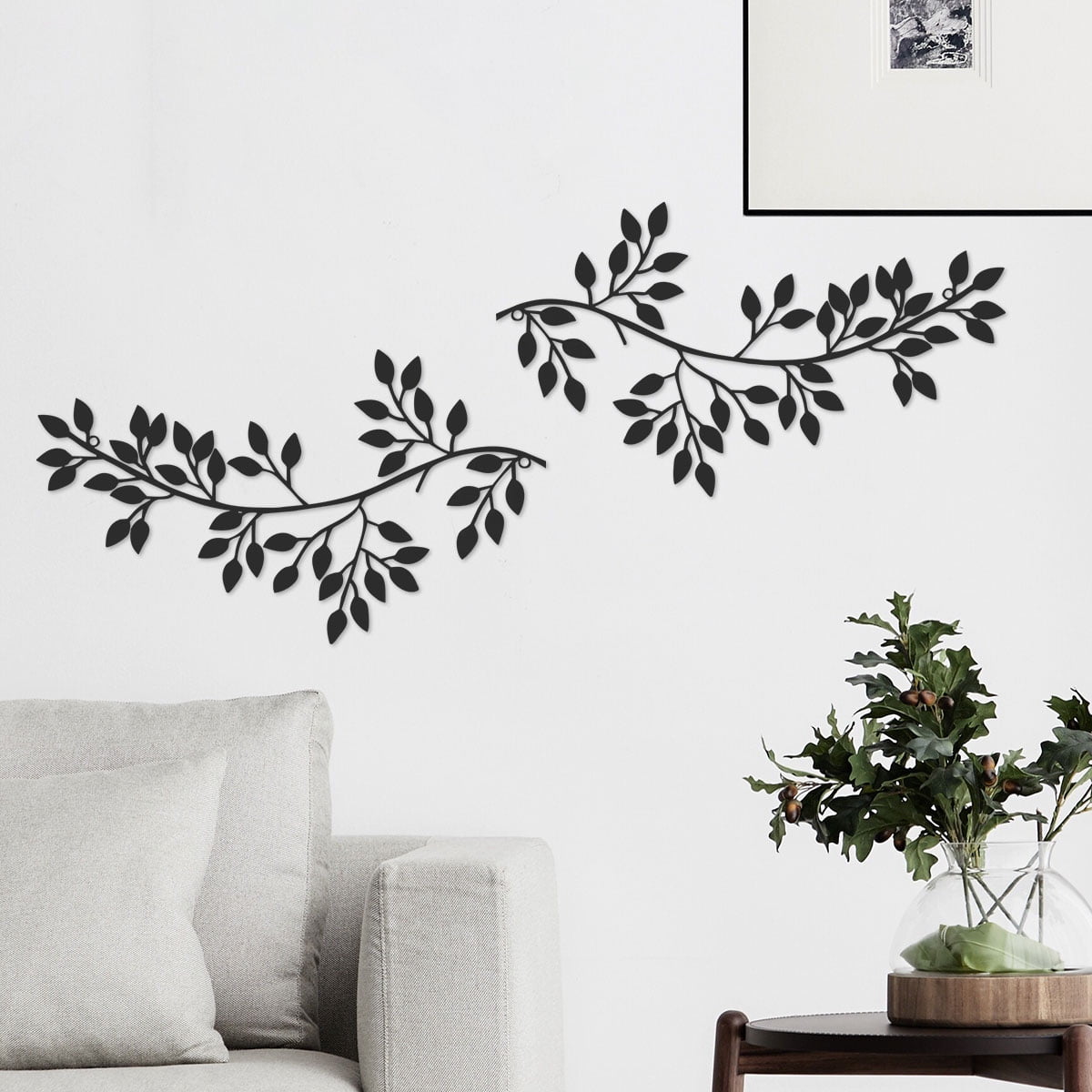 Dznils 2Pcs Metal Tree Leaf Wall Art Vine Olive Branch Leaf Wall Decor Wrought Iron Scroll Sculptures, Black