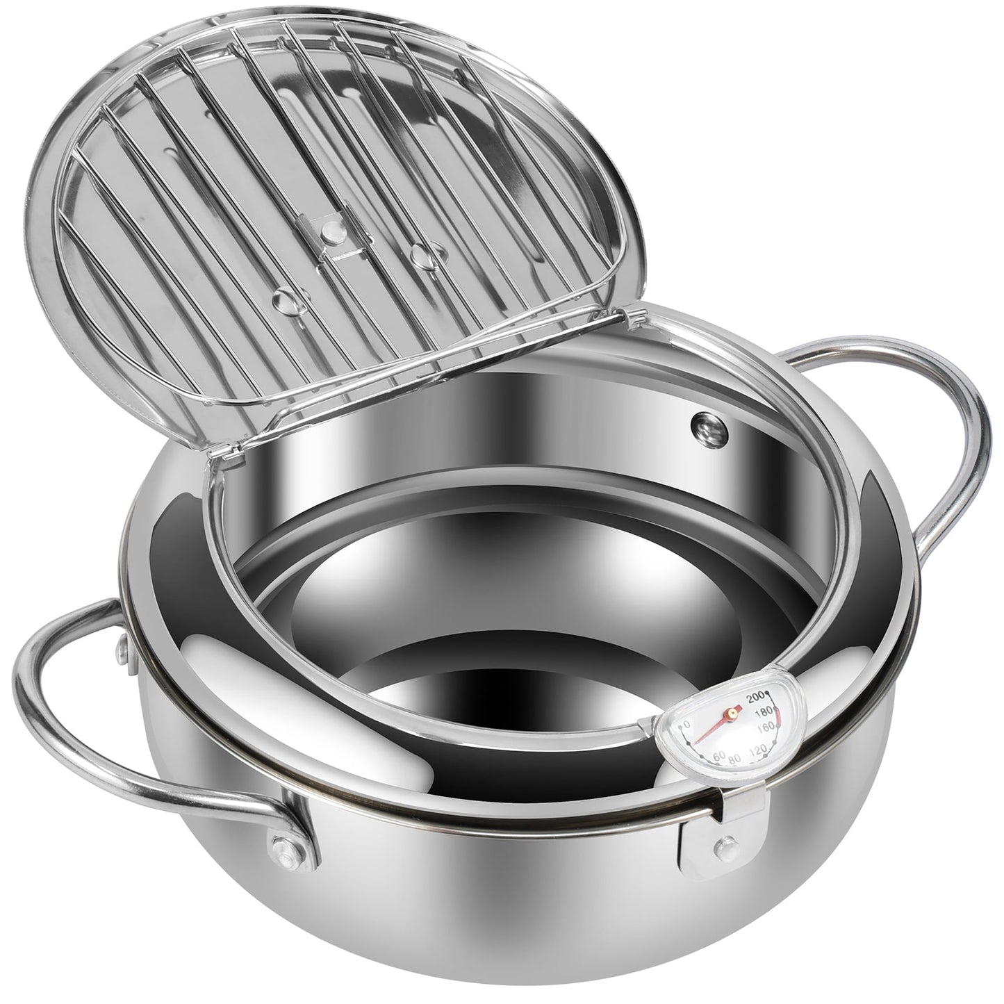 Jetcloudlive Deep Fryer Pot,Japanese Tempura Small Deep Fryer Stainless Steel Frying Pot With Thermometer,Lid And Oil Drip Drainer Rack for French Fries Shrimp Chicken Wings and Shrimp