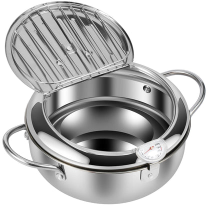 Jetcloudlive Deep Fryer Pot,Japanese Tempura Small Deep Fryer Stainless Steel Frying Pot With Thermometer,Lid And Oil Drip Drainer Rack for French Fries Shrimp Chicken Wings and Shrimp