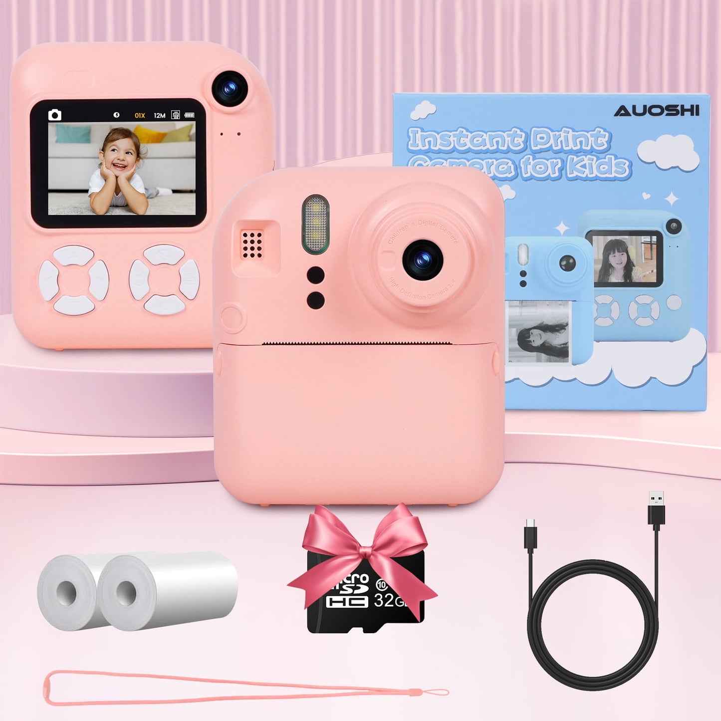 AUOSHI Instant Print Camera for Kids-1080P HD Kids Camera Instant Print Photo&Video with Print Paper & 32G Card ,Dual camera with flash，Christmas Birthday Gifts for Age 3-12 Girls Boys-Pink