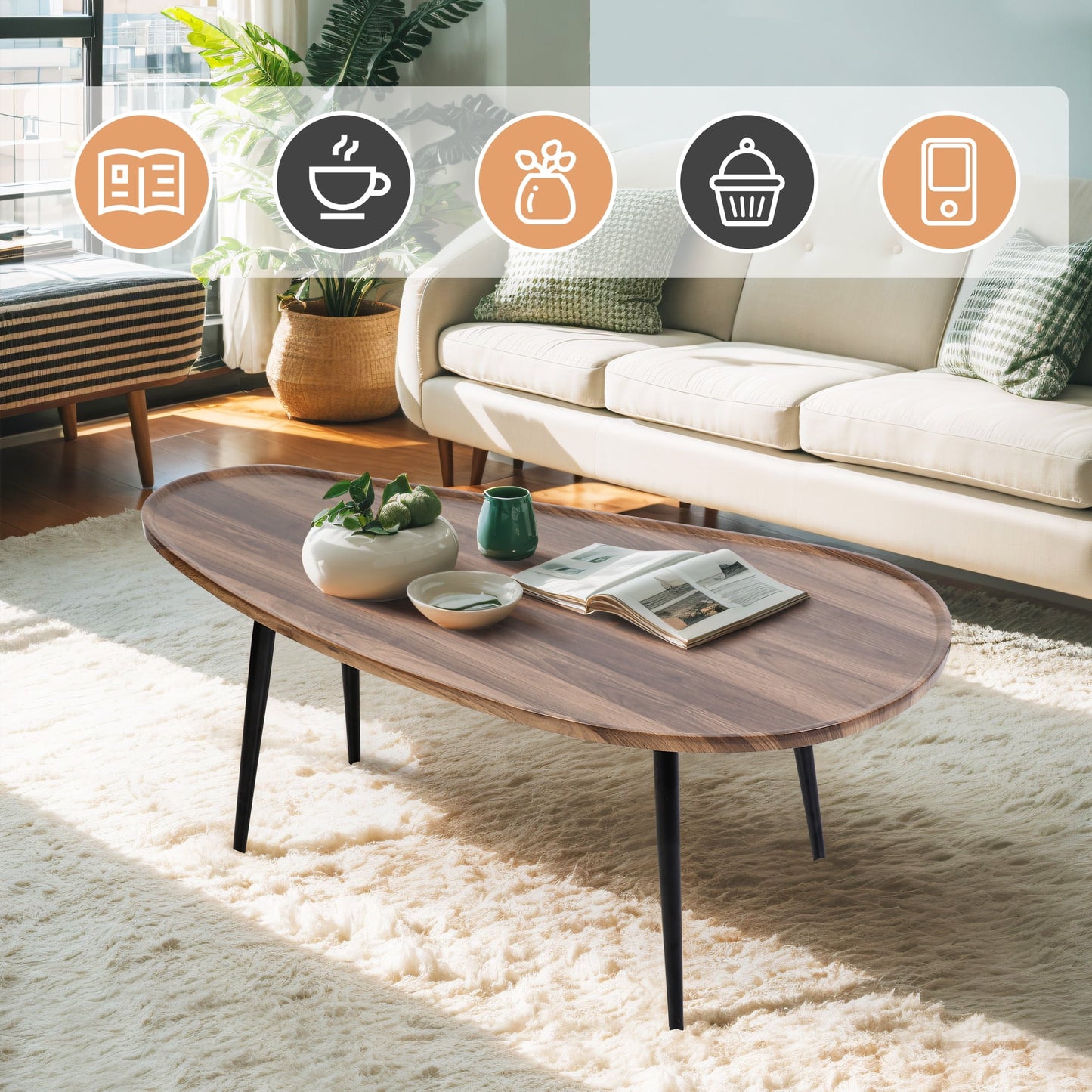 Small Mango Coffee Table, Oval Side End Table with Mango-Shaped DeskTop, Modern Minimalist Center Table Sofa Table, Low Floor Table for Small Spaces, Walnut