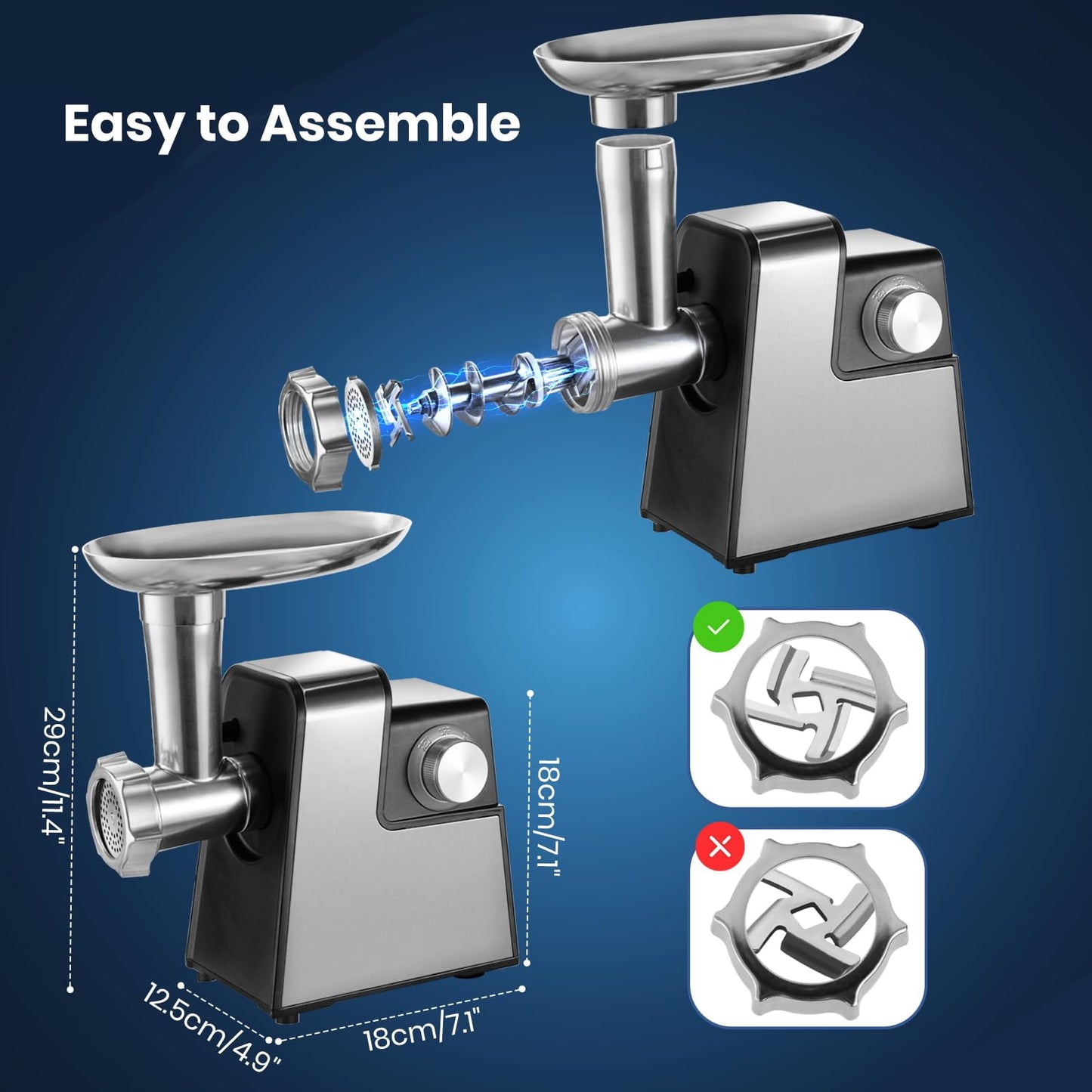 Electric Compact Meat Grinder for Home Use: Meat Mincer with 3 Plates, Blade, Sausage Stuffer, Kibbeh Kit, Stainless Steel Meat Grinder Machine Sausage Maker Kubbe Maker for Homemade Hamburger