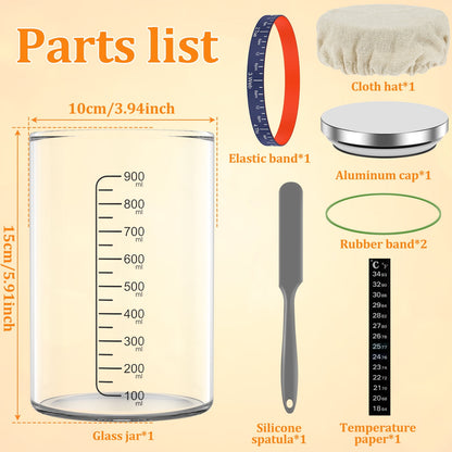 Wekvgz 5pcs Sourdough Starter Jar Kit with Scale 900ml Large Capacity Sourdough Starter Container with Stainless Steel Lid Spatula Feeding Band Reusable Glass Sourdough Fermentation Jar for Baking