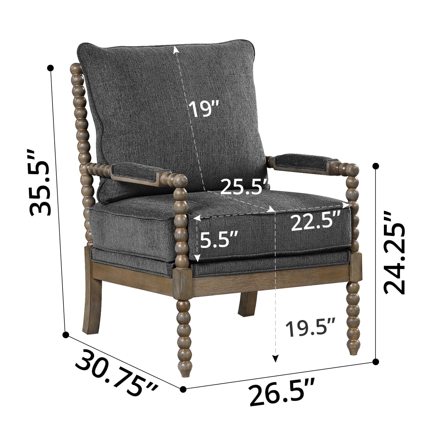 Oversized Accent Chair, Natural Solid Wood Spindle Accent Chair with High Resilience Spring Cushion and Armrest Pads Leisure Armchair for Living Room, Bedroom, 26.5" x 30.75" x 35.5", Black