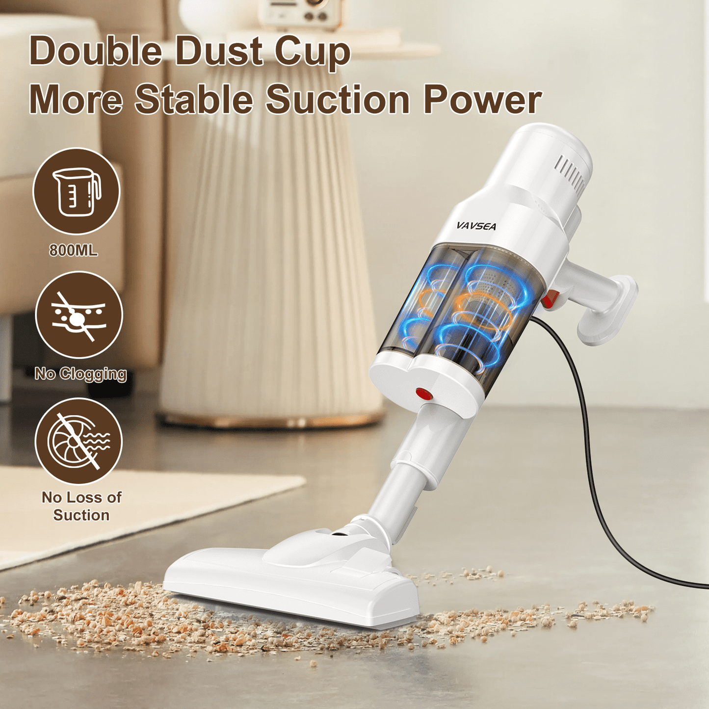 VAVSEA Vacuum Cleaner with 800ML Double Dust Cup, Lightweight 16Kpa 600W Powerful Suction Corded Stick Vacuum for Home, Pet Hair, Carpets and Hard Floors, White, New