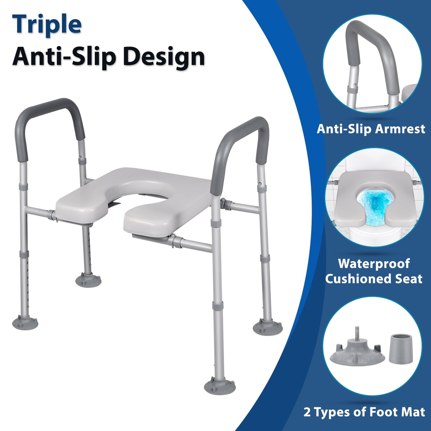Width & Height Adjustable Raised Toilet Seat with Handles for Elderly, Toilet Seat Risers for Seniors, Toilet Riser with Handles, Elevated Toilet Seat with Handles, Handicap Toilet Seat Riser