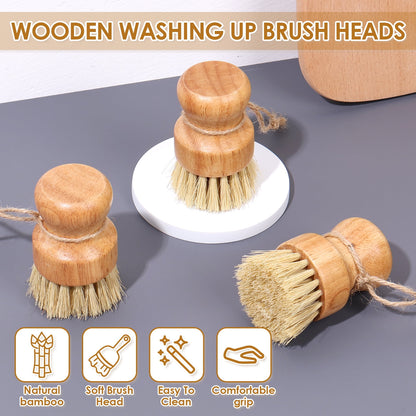 Qenwkxz 3 Packs Wooden Dish Brush, Natural Bamboo Dish Scrub Brush, Sisal Bristles Dish Scrubber Brush, Kitchen Scrub Brush with Handle and Hanging Rope for Cleaning