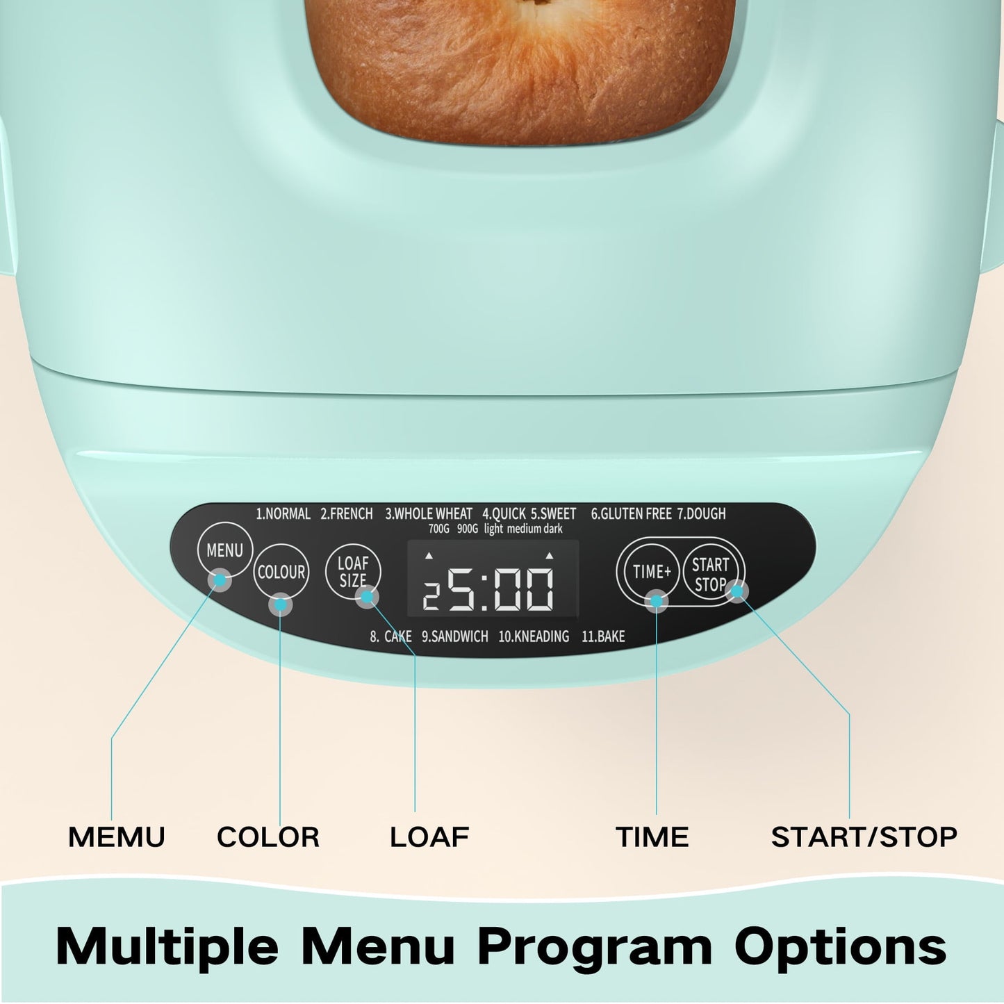 VAVSEA Bread Maker, 2LB Automatic Bread Machine with Gluten-Free, Dough, Cake Setting, Nonstick Ceramic Pan for Homemade Bread, Green